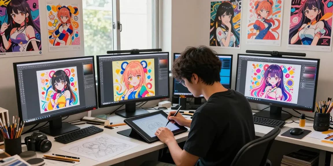 Create ecchi ai-inspired digital art in a vibrant studio.