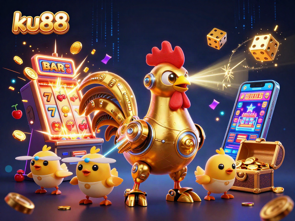 ku88 gaming scene featuring a futuristic robot and baby drones amidst slot machines and golden treasures