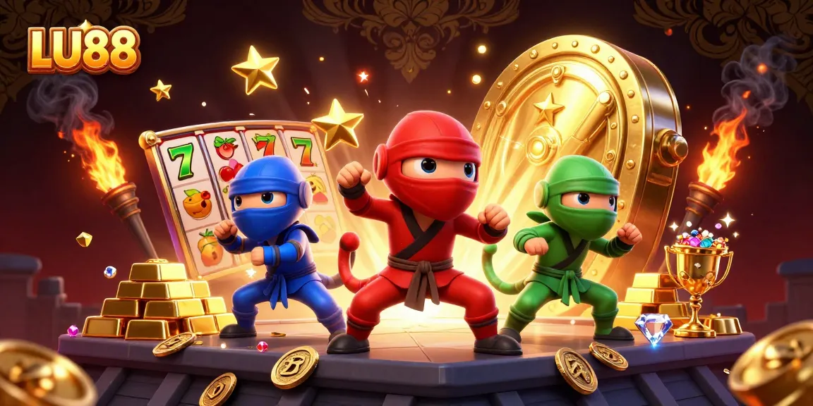 LU88 showcases ninja chameleons as vibrant symbols burst from slot machines in a dynamic casino scene.