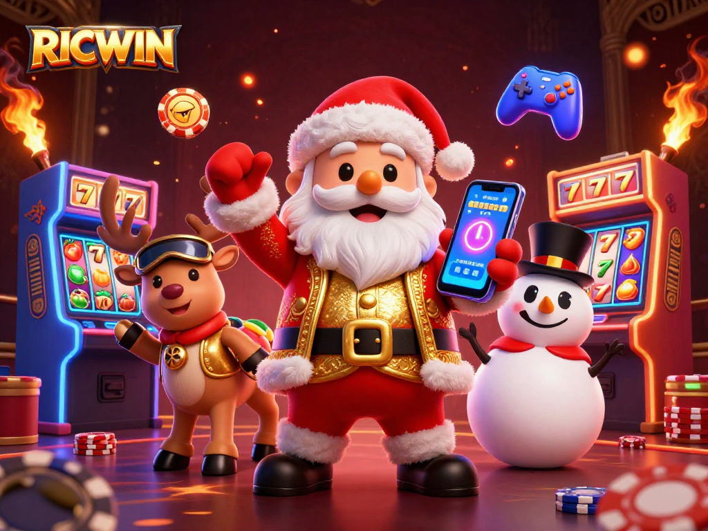 Win big with RICWIN in a vibrant casino scene featuring Santa and friends!
