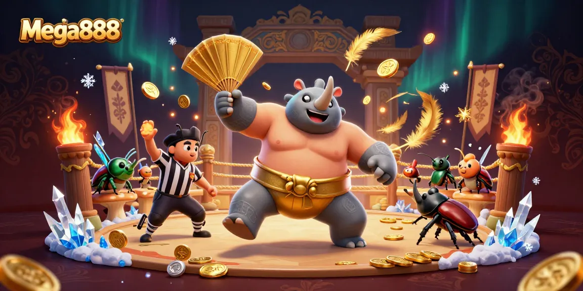 Experience the thrill of mega888 slots as the champion beetle sends gold flying in a vibrant casino scene.