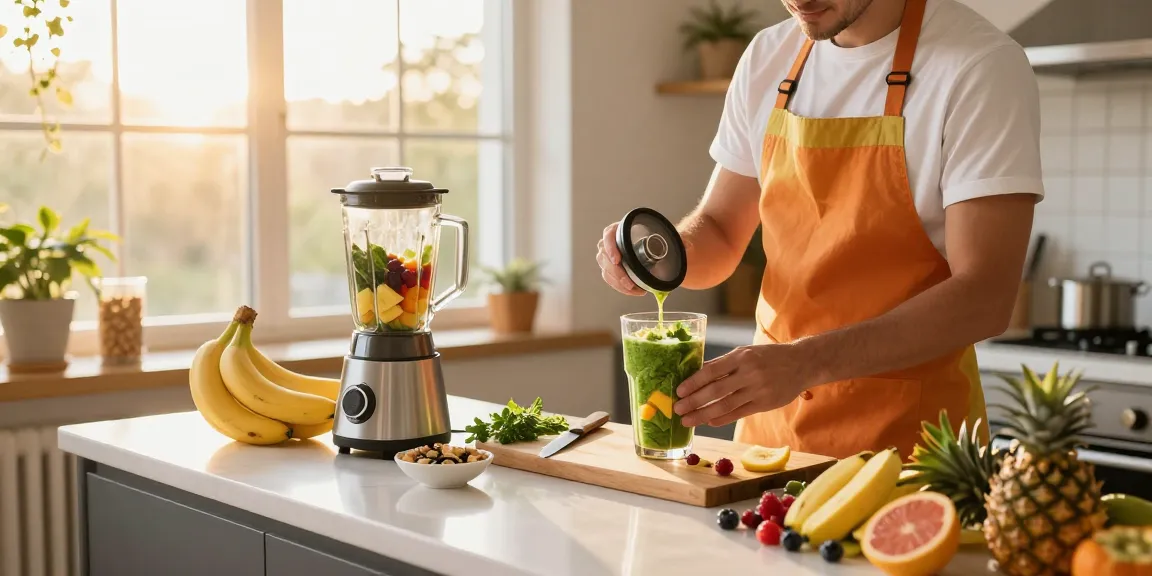 Preparing a smoothie with fresh fruits at https://www.koiaminos.com in a bright kitchen.
