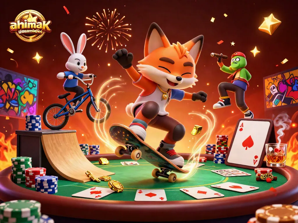 Engaging action featuring ahimajournal-digital skateboarder fox flying over poker chips.