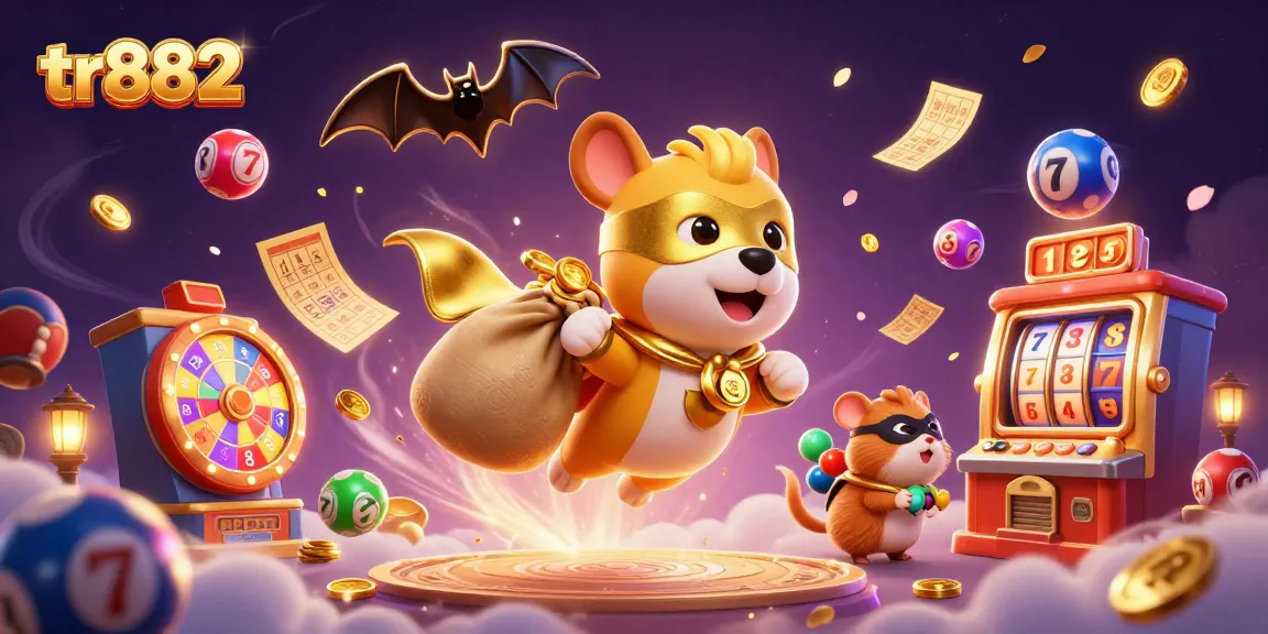Engage with tr882's thrilling casino experience featuring a superhero dog amidst colorful gaming elements.