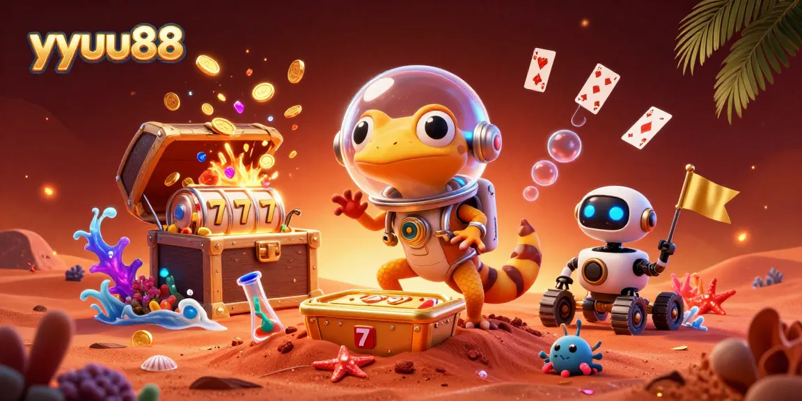 yyuu88 offers an exciting gambling experience with a Martian gecko exploring a treasure-filled casino.
