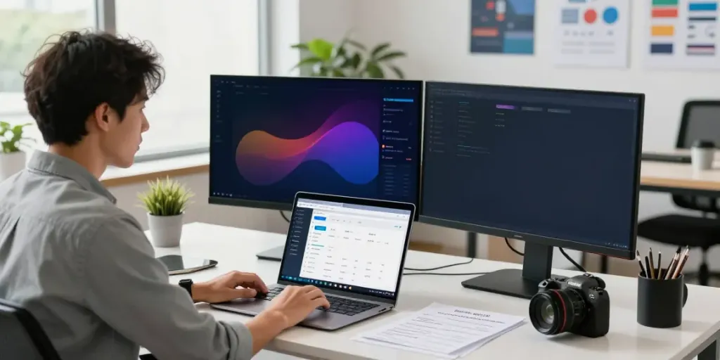 Professional engaged in SEO strategy planning for instant indexing in a vibrant workspace.