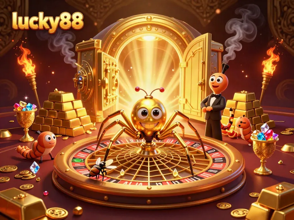 Experience thrilling action with lucky88 at a vibrant casino illustration featuring a golden spider, roulette, and treasures.