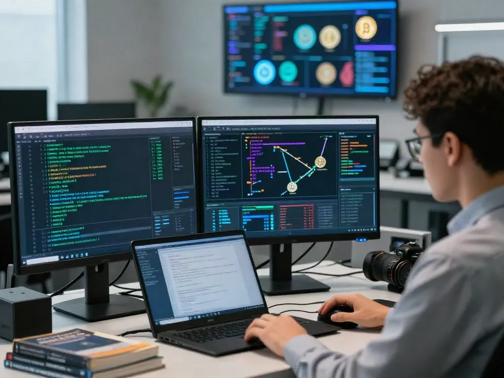 Professional analyst engaged in cryptocurrency transaction tracing using advanced blockchain analytics tools in a modern forensic lab setting.