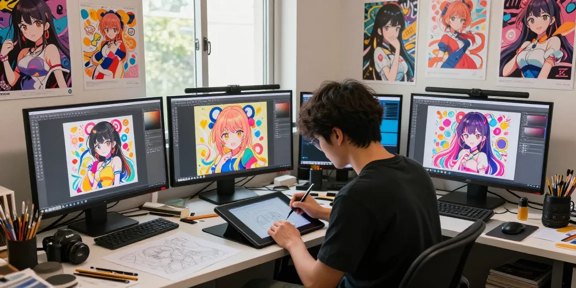 Create ecchi ai-inspired digital art in a vibrant studio.