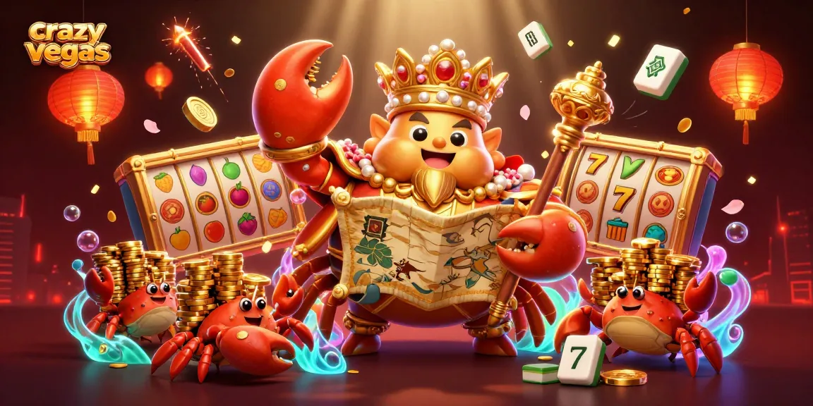 Engage in exhilarating action at crazyvegas with a vibrant 3D illustration of a golden crab emperor amid dynamic casino elements.