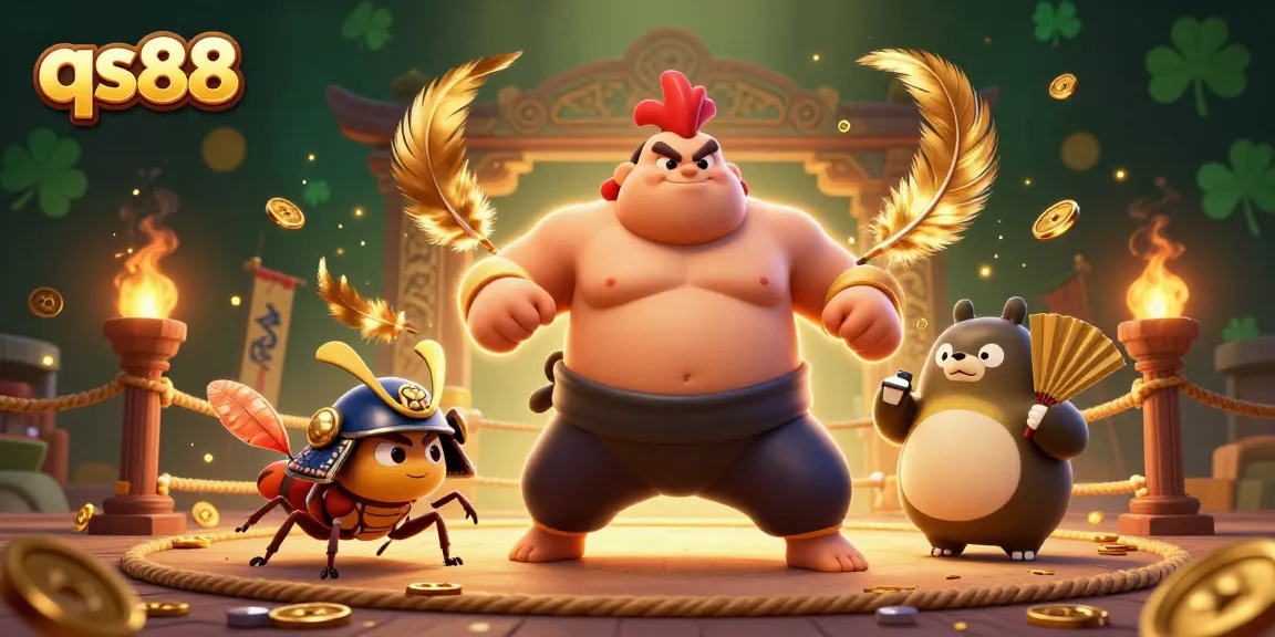 Engage with qs88's thrilling casino atmosphere featuring a powerful sumo wrestler rooster and samurai cricket.