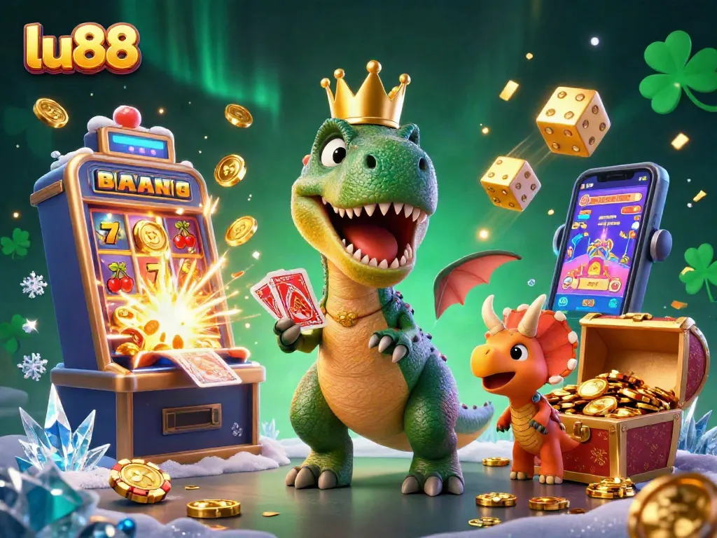 Enjoy thrilling gameplay at lu88 with an energetic casino scene featuring cartoon dinosaurs and a slot machine.