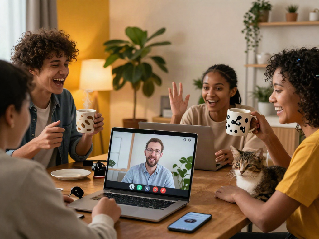Friends enjoying a lively spicy chat on a video call with cozy home setups and warm ambiance.