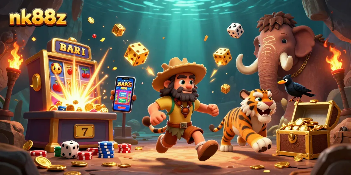 Experience thrilling games at nk88z with a vibrant prehistoric casino scene showcasing epic slot machine jackpots and excitement.