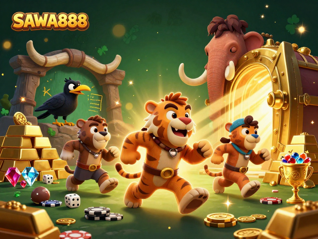 Experience thrilling gameplay with SAWA888 at this prehistoric casino illustration featuring a caveman duo and treasures.