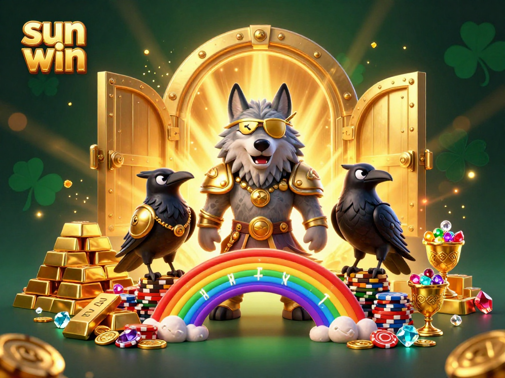 Engage with sun win, featuring a Norse-inspired wolf and ravens among dazzling casino treasures.