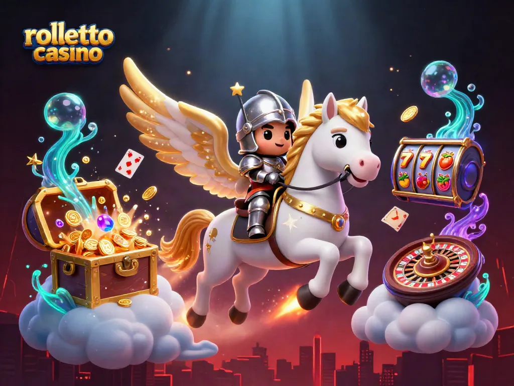 Experience the excitement of rolletto casino with vibrant 3D illustration featuring gold coins, slot reels, and a celestial horse.
