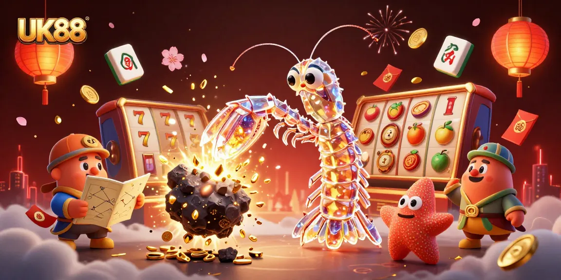 Engage in the vivid world of UK88 with a galactic samurai shrimp amidst stunning casino elements.