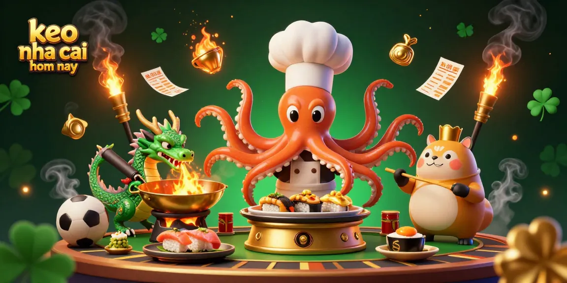 Engage with keo nha cai hom nay as cartoon octopus, dragon, and tanuki tackle sports betting!