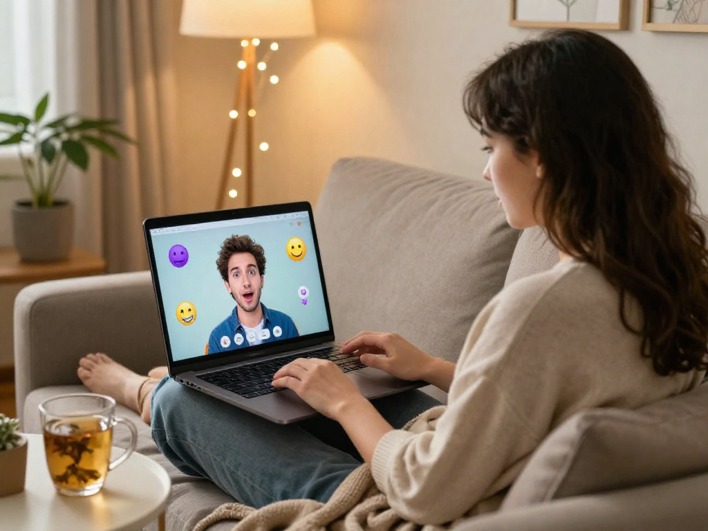 Engaging in sex chat ai on a laptop in a cozy, intimate setting with a warm atmosphere.