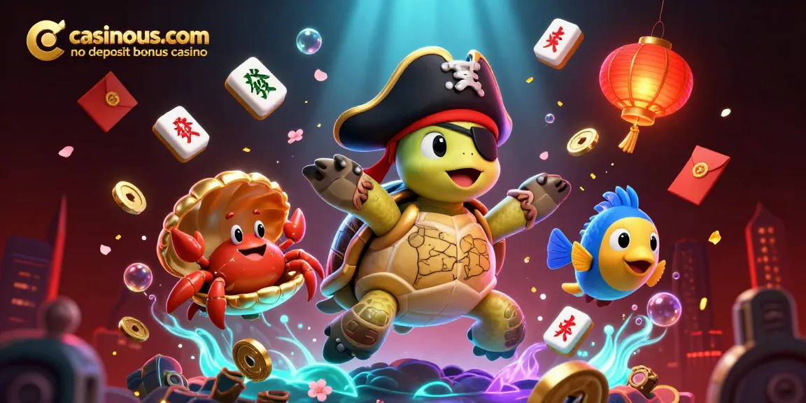 Casinous.com no deposit bonus casino offers enticing gameplay with a cartoon pirate turtle and magical treasures.