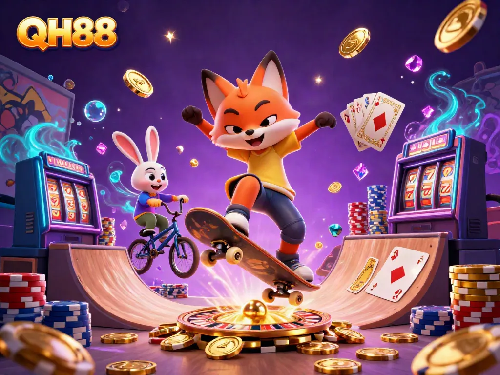 QH88 showcases exciting casino action featuring a skateboarder fox and BMX rabbit among poker chips and sparkling gems.
