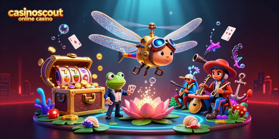 Experience the excitement of casinoscout online casino with vibrant dragonfly pilots and card-dealing frogs.