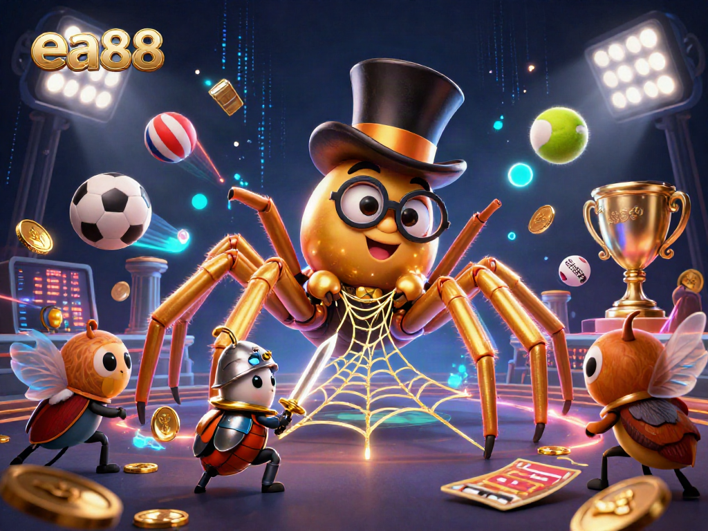 ea88 vibrant casino scene with a golden tarantula and a beetle knight.