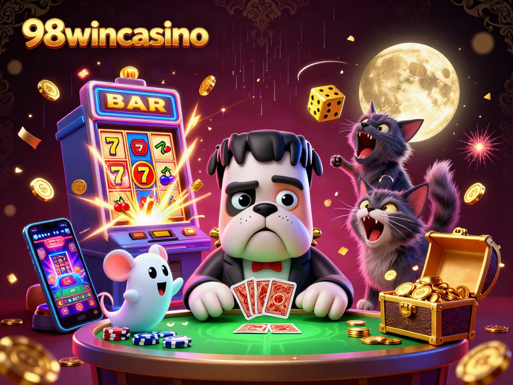 Experience the thrilling atmosphere of 98wincasino with a festive 3D cartoon casino scene featuring a playful bulldog monster.