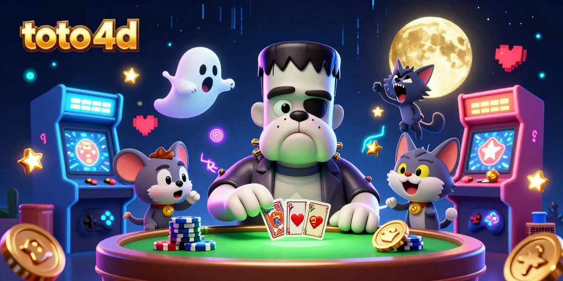Engage in toto 4d excitement as a cartoon bulldog deals cards at a spooky casino table with vibrant gaming icons.