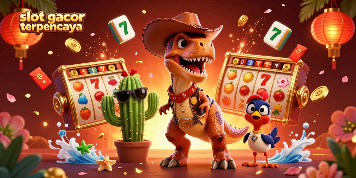 Immerse in slot gacor terpercaya with T-Rex and buddies amidst floating slot elements and vibrant casino decor.