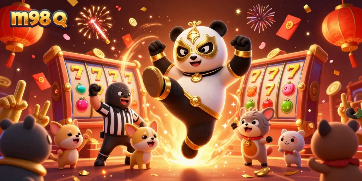 Experience thrilling slots action with m98 q, featuring a panda wrestler, chihuahua referee, and vibrant gambling elements.