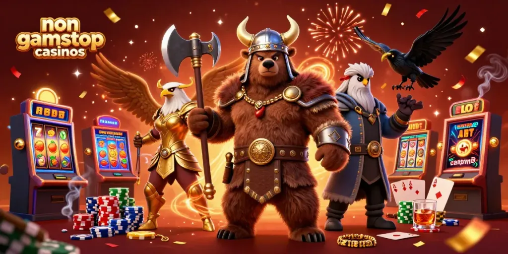 Engage with non gamstop casinos through a vibrant 3D illustration showcasing dynamic gaming elements.