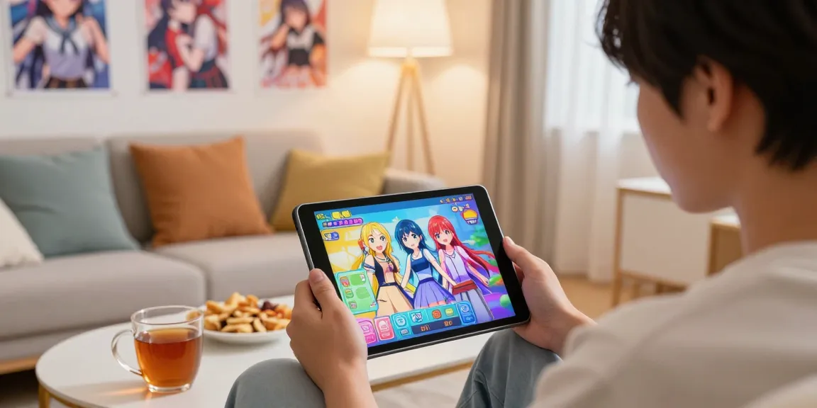 Player enjoying an ero game on a tablet in a cozy setting with colorful visuals.
