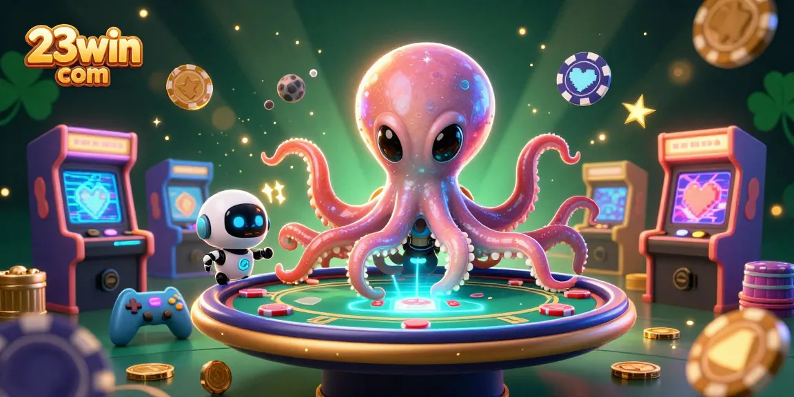 Engage in thrilling gameplay at 23win com with a vibrant holographic poker scene featuring an alien octopus.