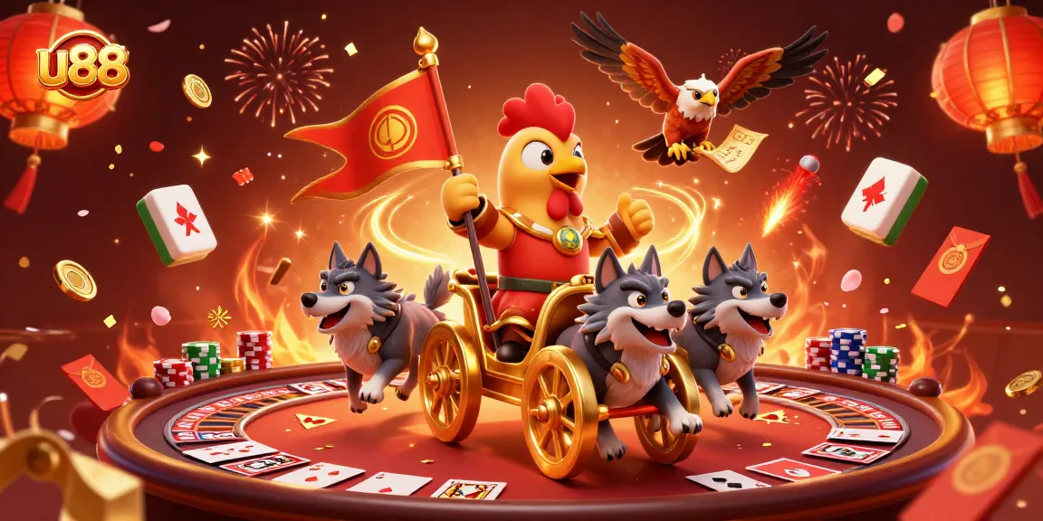 Experience the thrill of u88 poker with dynamic scenes of a cartoon warlord amidst casino games