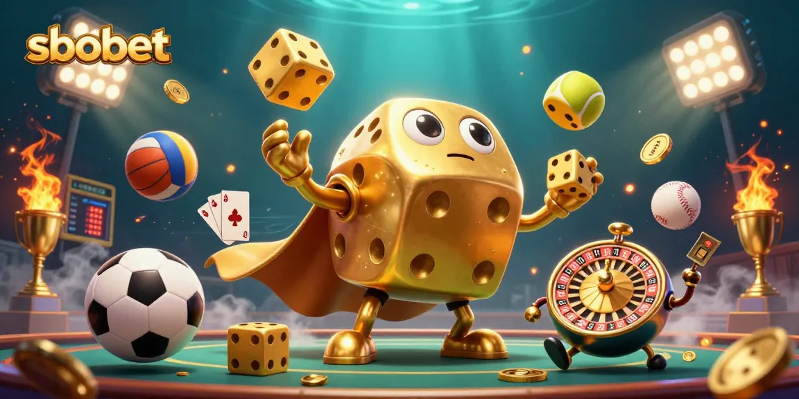 Experience sbobet sports betting excitement with dynamic golden dice and flying sports balls in this vibrant illustration.