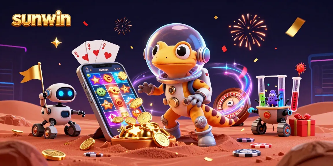 Experience the excitement of sunwin with a 3D cartoon Martian gecko and a golden casino.